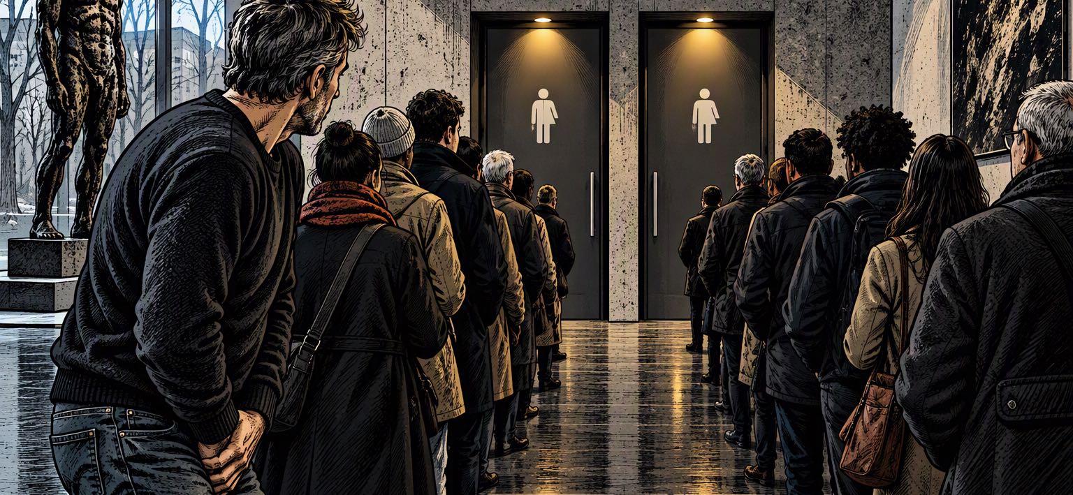 Comiczeichnung: eine lange, stille Schlange vor zwei Toilettentüren in einer Betonhalle; vorn ein grauhaariger Mann, der dringend muss.