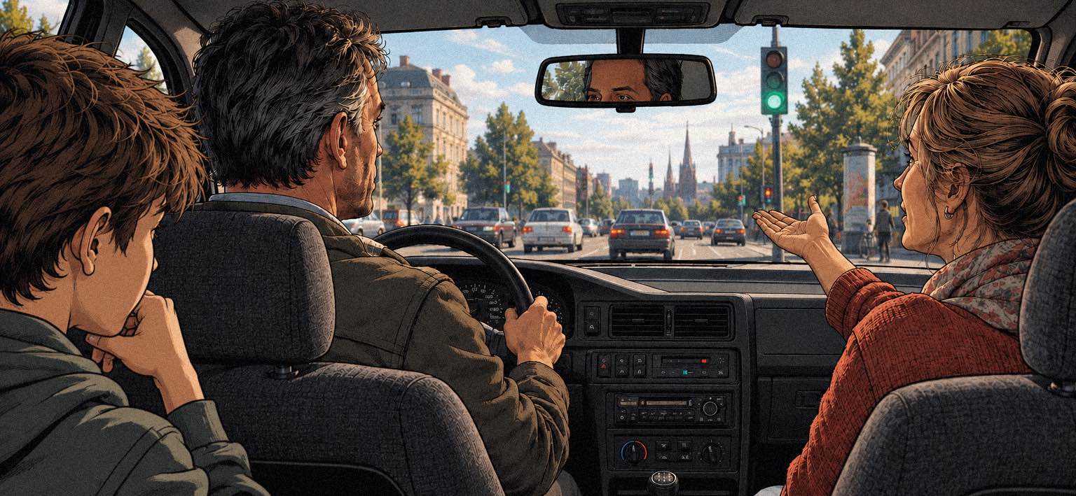 Auto von hinten, die Ampel steht auf Grün, Fahrer und Beifahrerin reden statt loszufahren.