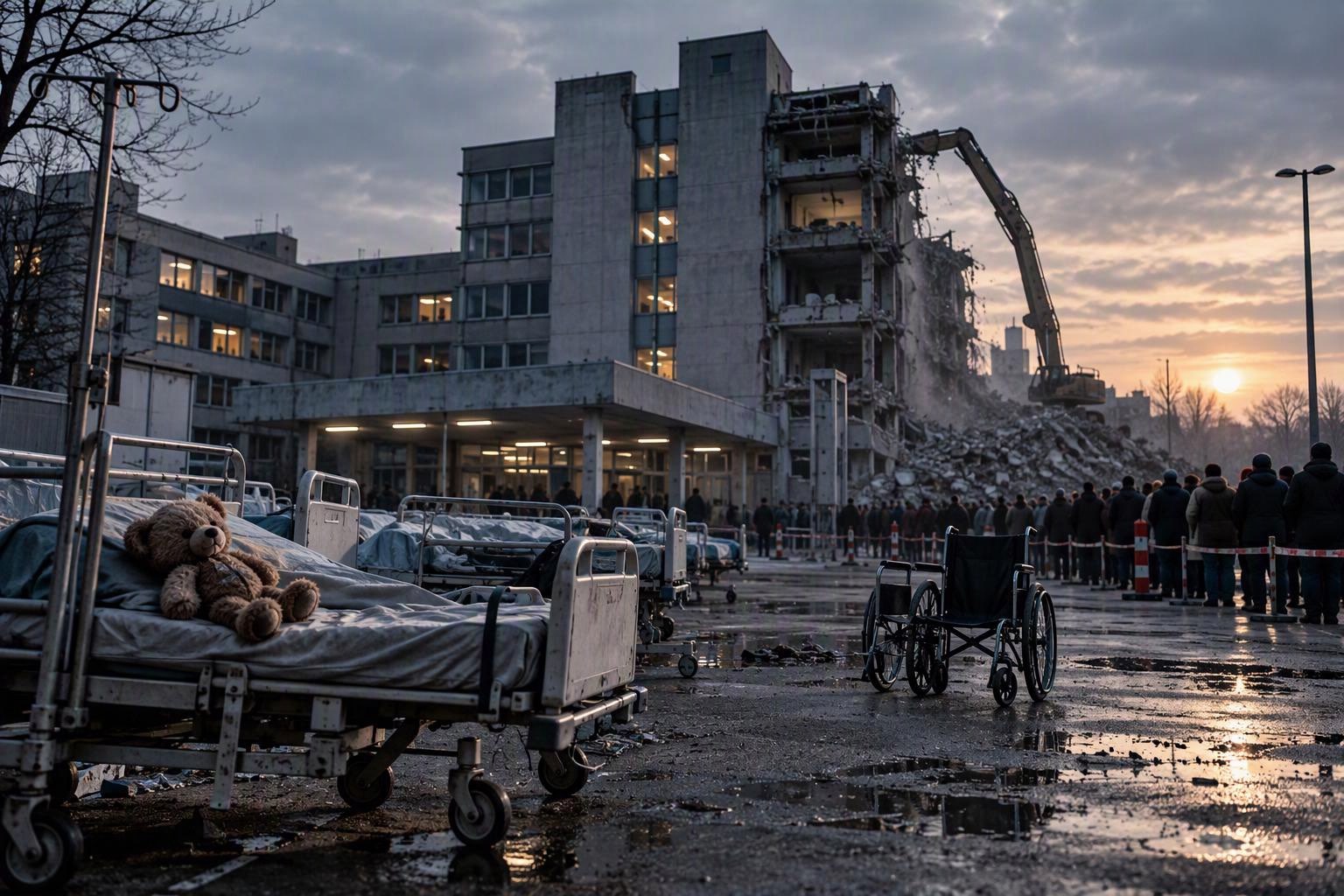 Abriss eines Krankenhauses bei Sonnenuntergang: Ein Bagger reißt den Gebäudeflügel ein, davor leere Krankenhausbetten und ein Rollstuhl, im Hintergrund wartende Menschen hinter Absperrband.