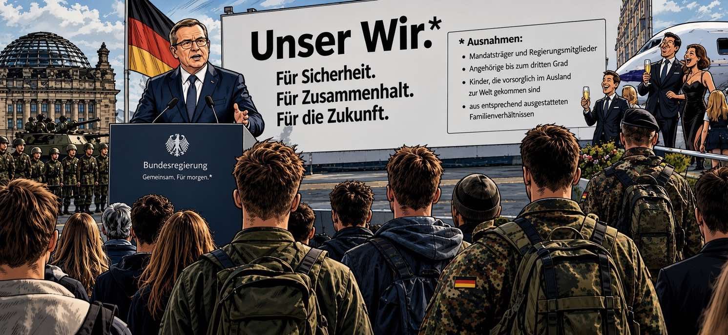 Comiczeichnung: Politiker am Rednerpult vor jungen Menschen, dahinter die Plakatwand „Unser Wir*“, rechts die feiernde Elite am Privatjet.