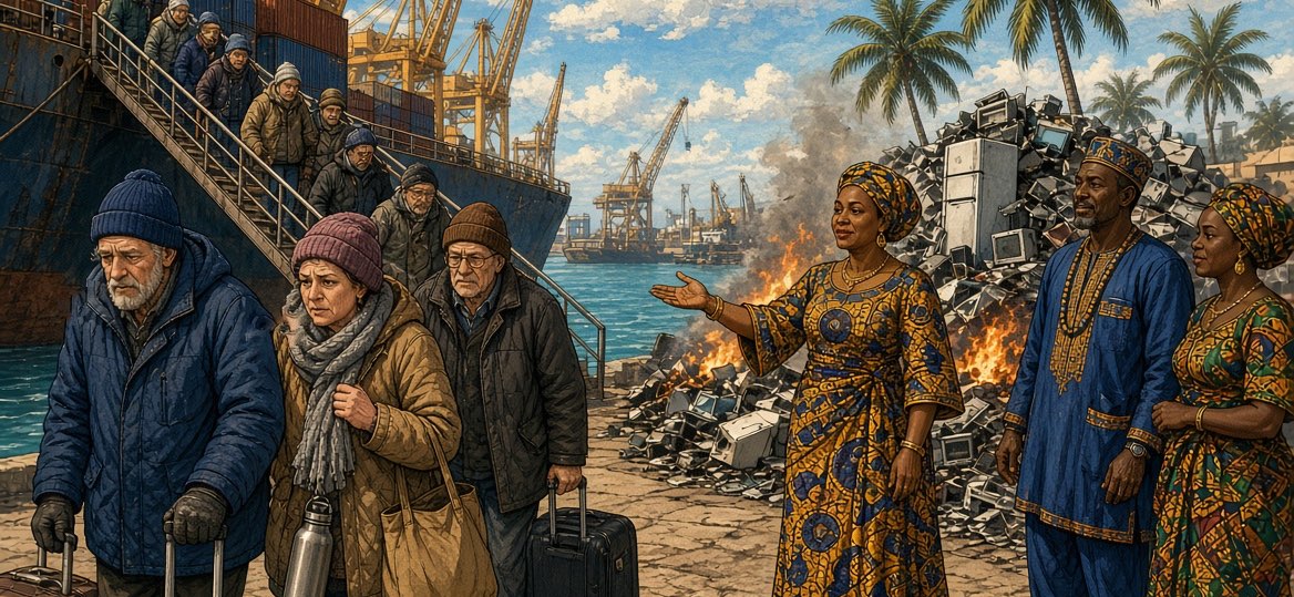 Dick vermummte Reisende mit Rollkoffern verlassen am Hafen ein Frachtschiff; festlich gekleidete Menschen empfangen sie mit einladender Geste, daneben ein brennender Haufen alter Elektrogeräte.