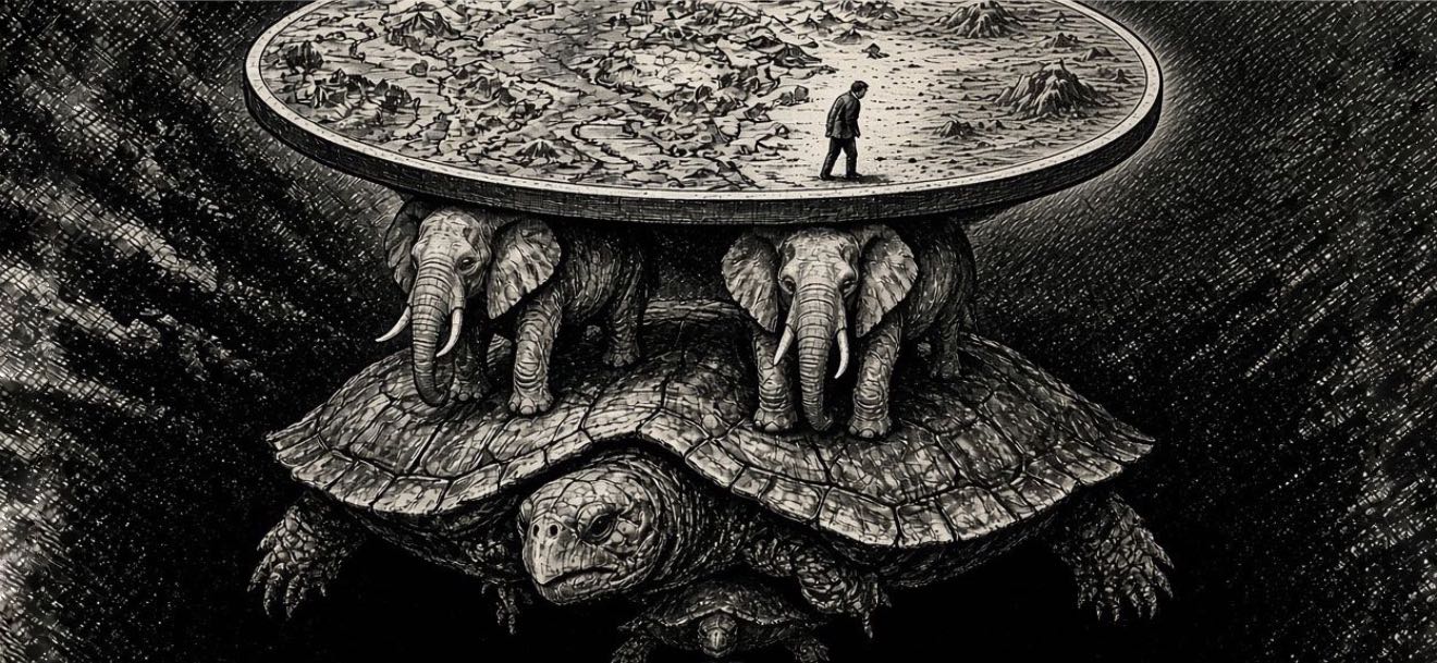 Tuschezeichnung im alten Stich-Stil: ein einzelner kleiner Mann steht auf einer flachen Scheibenwelt, die von zwei Elefanten auf dem Rücken einer riesigen Schildkröte getragen wird, darunter öffnet sich dunkler, leerer Raum.